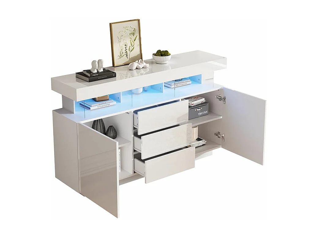 Buffet bar café acrylique blanc brillant LED 16 couleurs Bande lumineuse réglable rangement pratique moderne