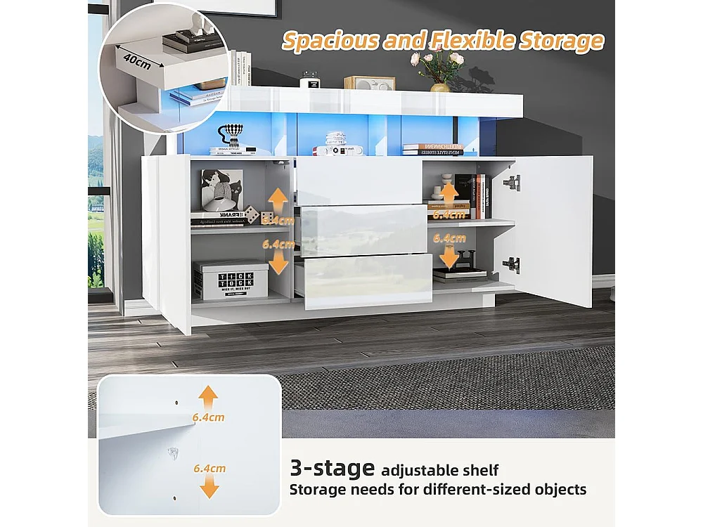 Buffet bar café acrylique blanc brillant LED 16 couleurs Bande lumineuse réglable rangement pratique moderne