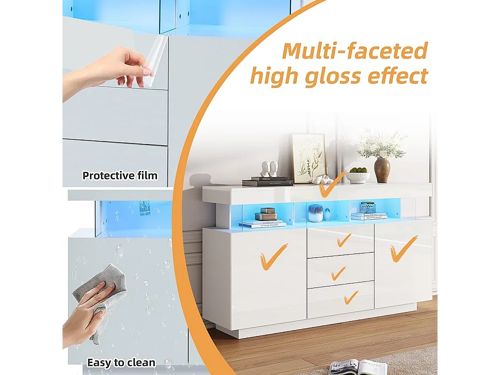 Buffet bar café acrylique blanc brillant LED 16 couleurs Bande lumineuse réglable rangement pratique moderne