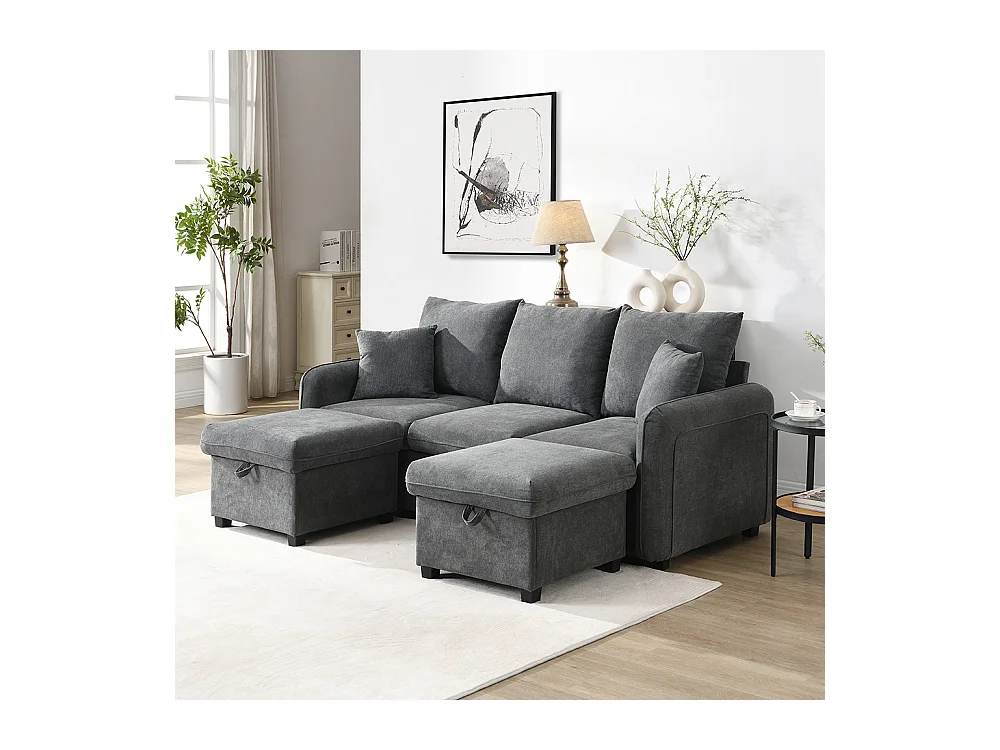 Canapé d'angle en U modulable 3 places fonction couchage tiroirs et tabouret rangement intégré tissu côtelé démontable confortable gris