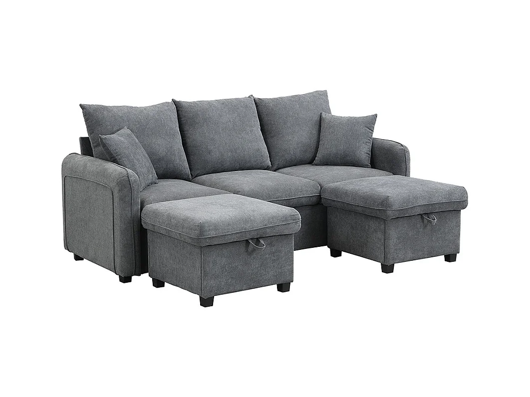 Canapé d'angle en U modulable 3 places fonction couchage tiroirs et tabouret rangement intégré tissu côtelé démontable confortable gris