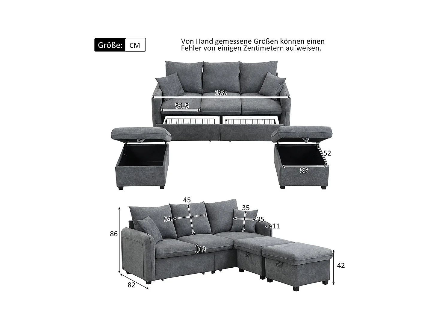 Canapé d'angle en U modulable 3 places fonction couchage tiroirs et tabouret rangement intégré tissu côtelé démontable confortable gris