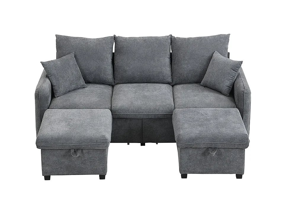 Canapé d'angle en U modulable 3 places fonction couchage tiroirs et tabouret rangement intégré tissu côtelé démontable confortable gris