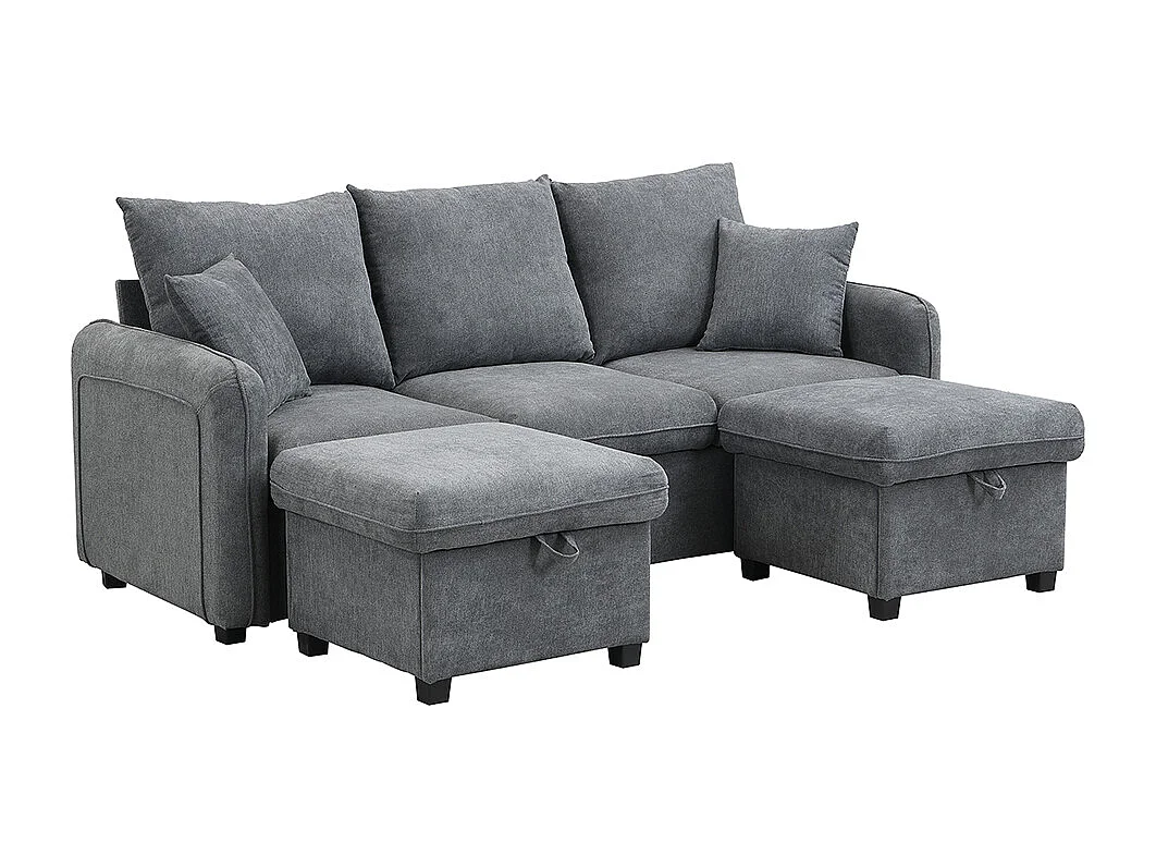 Canapé d'angle en U modulable 3 places fonction couchage tiroirs et tabouret rangement intégré tissu côtelé démontable confortable gris