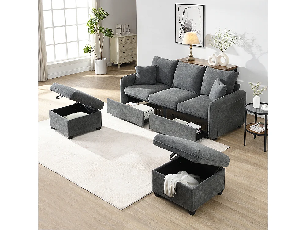 Canapé d'angle en U modulable 3 places fonction couchage tiroirs et tabouret rangement intégré tissu côtelé démontable confortable gris