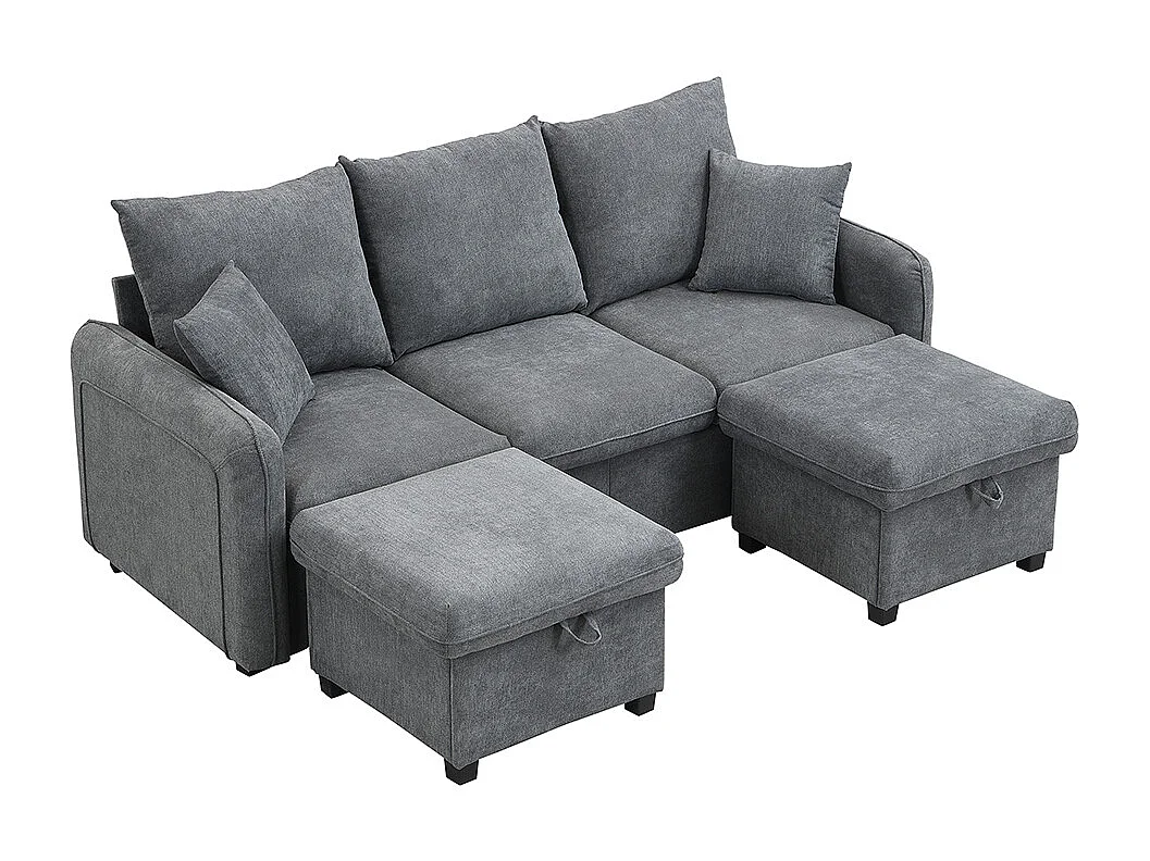 Canapé d'angle en U modulable 3 places fonction couchage tiroirs et tabouret rangement intégré tissu côtelé démontable confortable gris