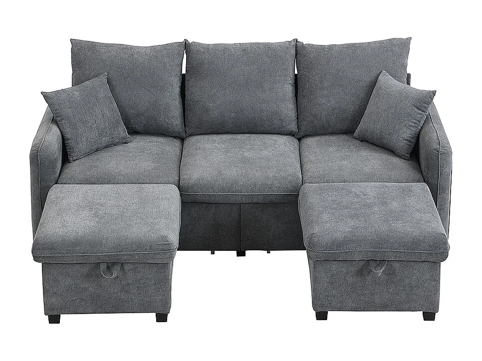 Canapé d'angle en U modulable 3 places fonction couchage tiroirs et tabouret rangement intégré tissu côtelé démontable confortable gris