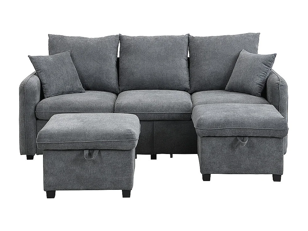 Canapé d'angle en U modulable 3 places fonction couchage tiroirs et tabouret rangement intégré tissu côtelé démontable confortable gris
