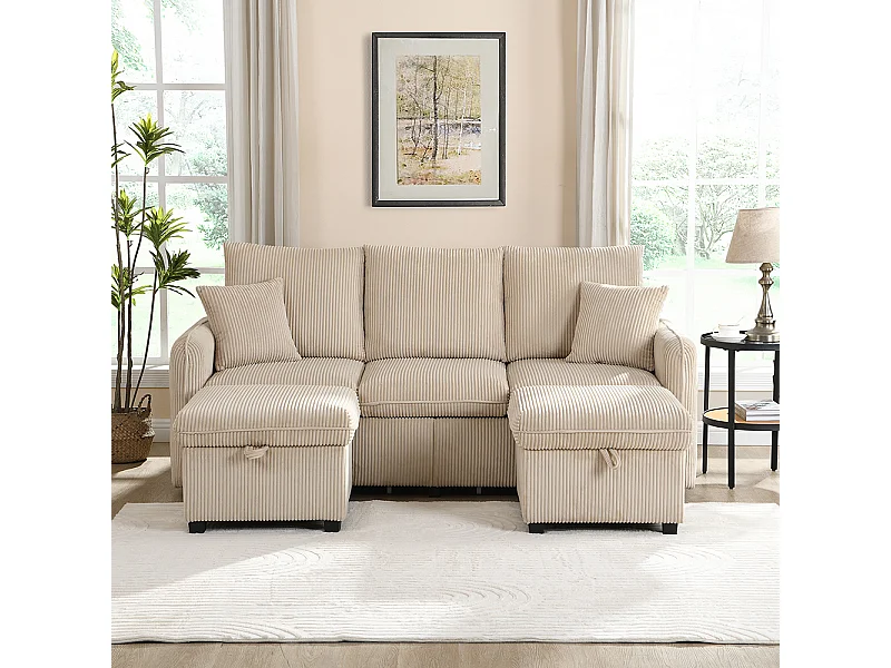 Canapé d'angle en U modulable 3 places fonction couchage tiroirs et tabouret rangement intégré tissu côtelé démontable confortable beige