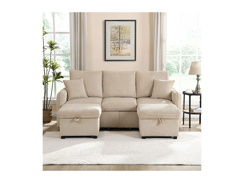 Canapé d'angle en U modulable 3 places fonction couchage tiroirs et tabouret rangement intégré tissu côtelé démontable confortable beige