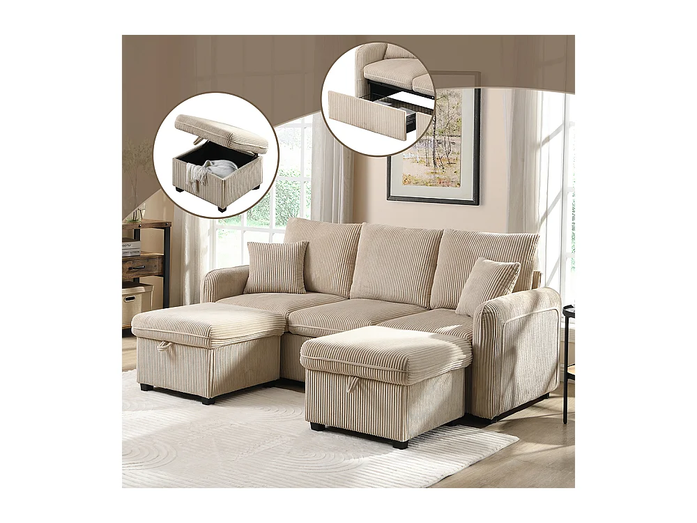 Canapé d'angle en U modulable 3 places fonction couchage tiroirs et tabouret rangement intégré tissu côtelé démontable confortable beige