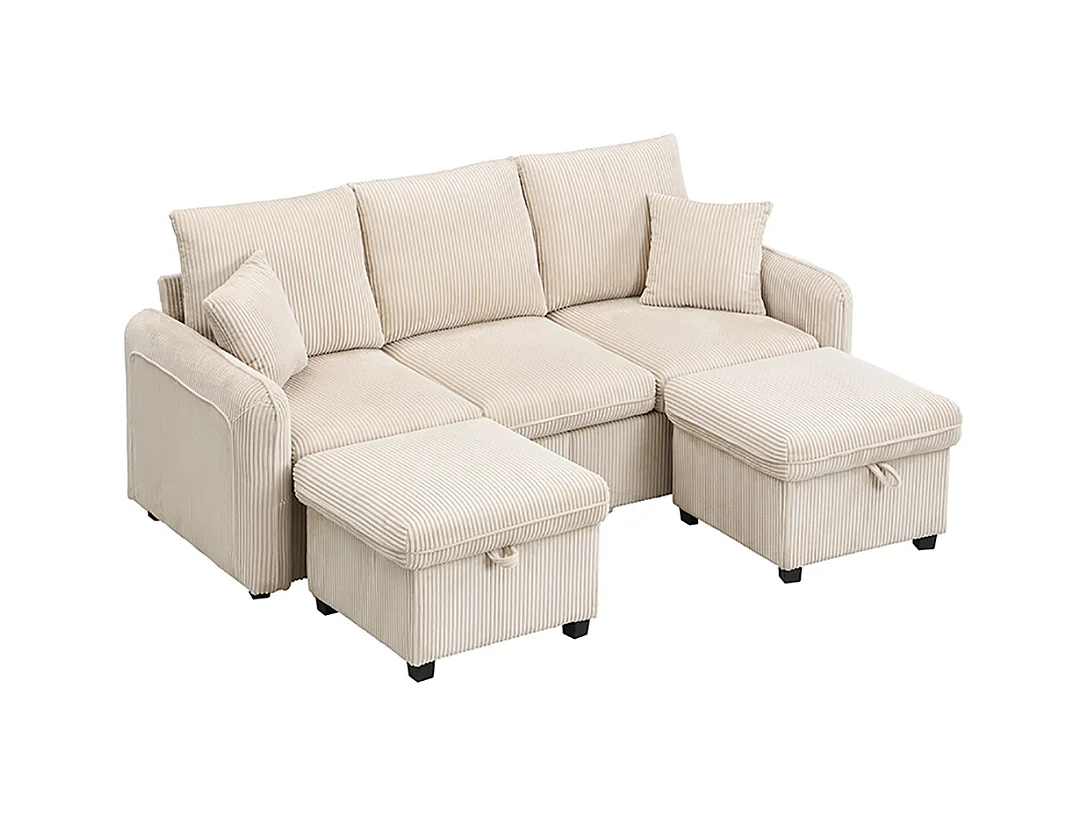 Canapé d'angle en U modulable 3 places fonction couchage tiroirs et tabouret rangement intégré tissu côtelé démontable confortable beige