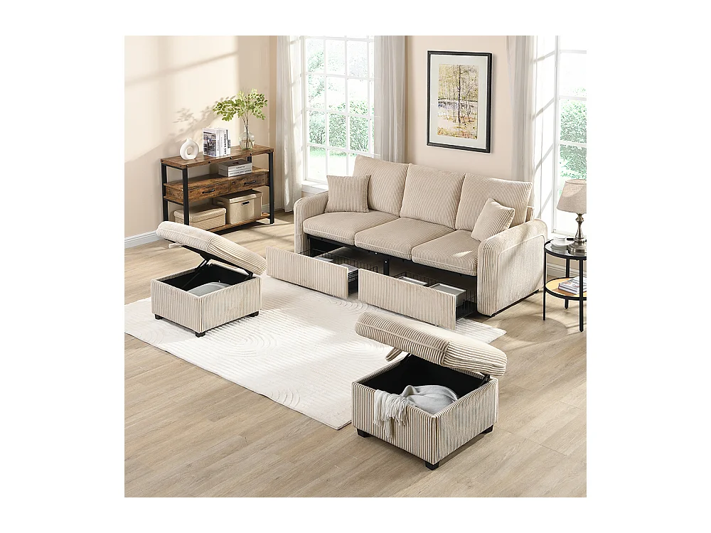 Canapé d'angle en U modulable 3 places fonction couchage tiroirs et tabouret rangement intégré tissu côtelé démontable confortable beige