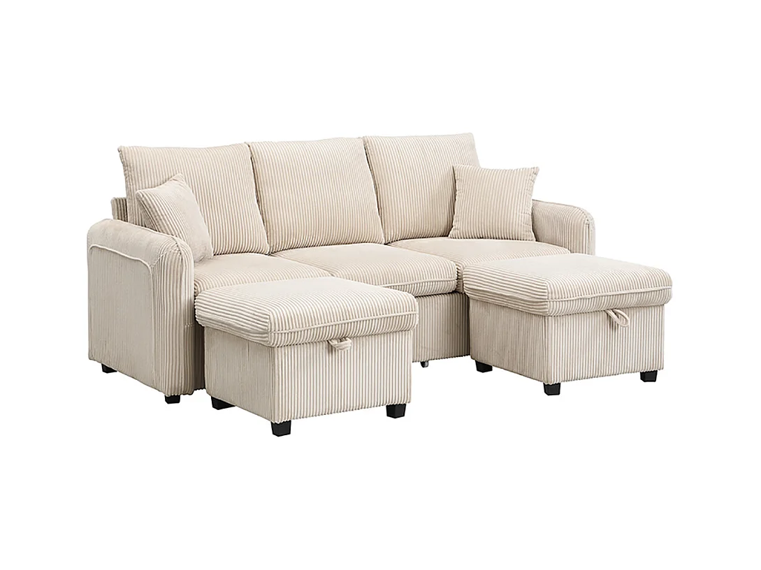 Canapé d'angle en U modulable 3 places fonction couchage tiroirs et tabouret rangement intégré tissu côtelé démontable confortable beige