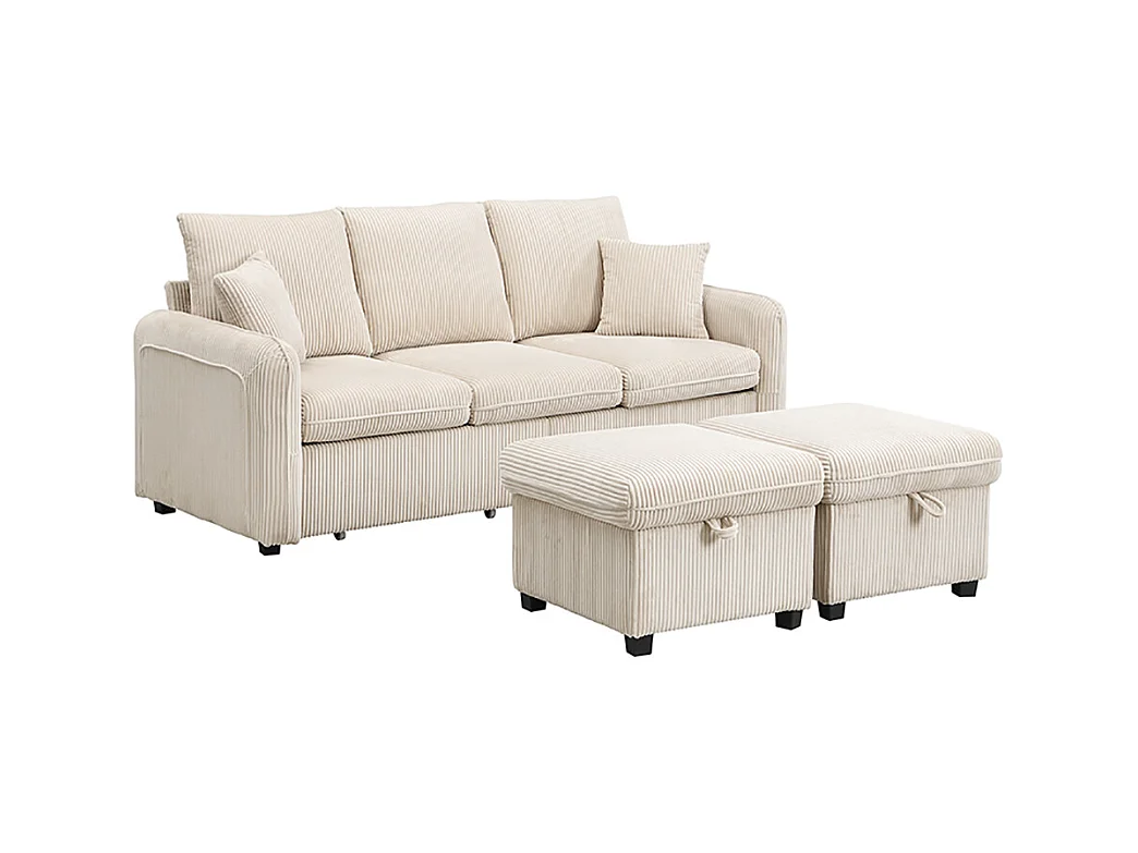 Canapé d'angle en U modulable 3 places fonction couchage tiroirs et tabouret rangement intégré tissu côtelé démontable confortable beige