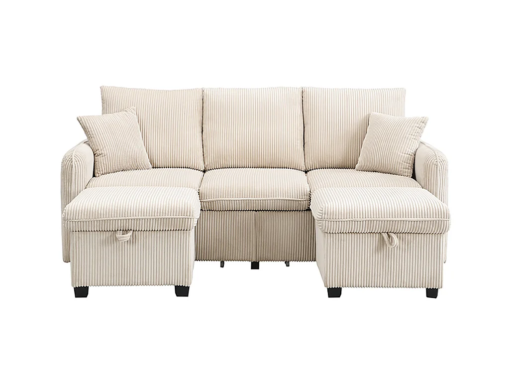 Canapé d'angle en U modulable 3 places fonction couchage tiroirs et tabouret rangement intégré tissu côtelé démontable confortable beige