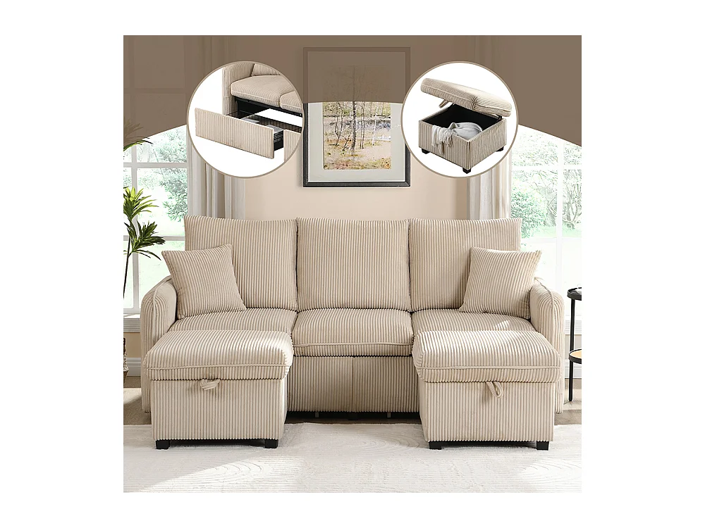 Canapé d'angle en U modulable 3 places fonction couchage tiroirs et tabouret rangement intégré tissu côtelé démontable confortable beige