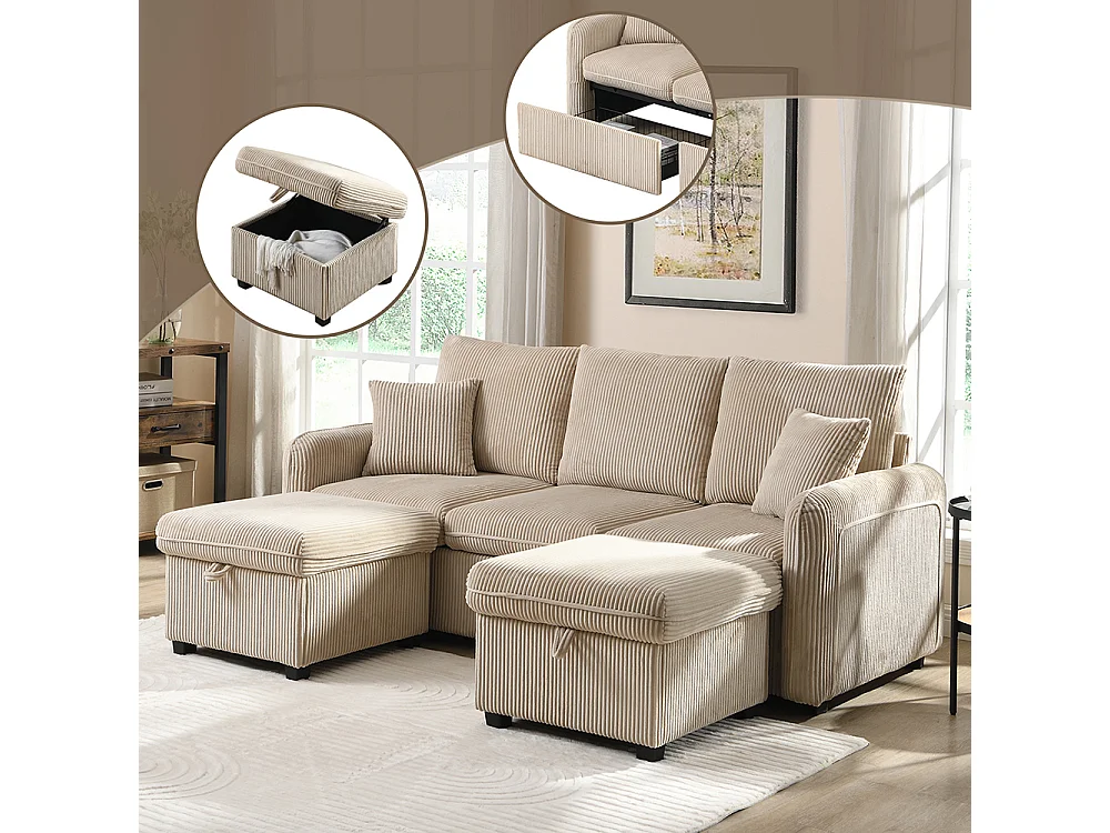 Canapé 3 Places Nora Avec Fonction Couchage En Tissu Doux Beige Nora