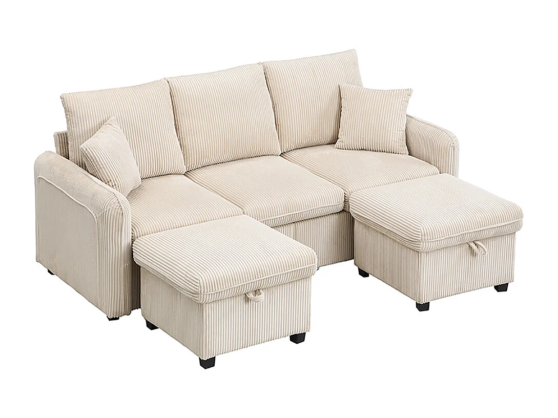 Modulaire hoekbank in U-vorm, 3 zitplaatsen, slaapfunctie, lades en opbergkist, bekleed met comfortabele, afneembare geribbelde stof, beige