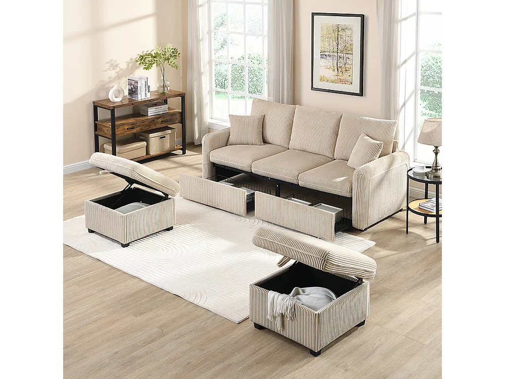 Modulaire hoekbank in U-vorm, 3 zitplaatsen, slaapfunctie, lades en opbergkist, bekleed met comfortabele, afneembare geribbelde stof, beige