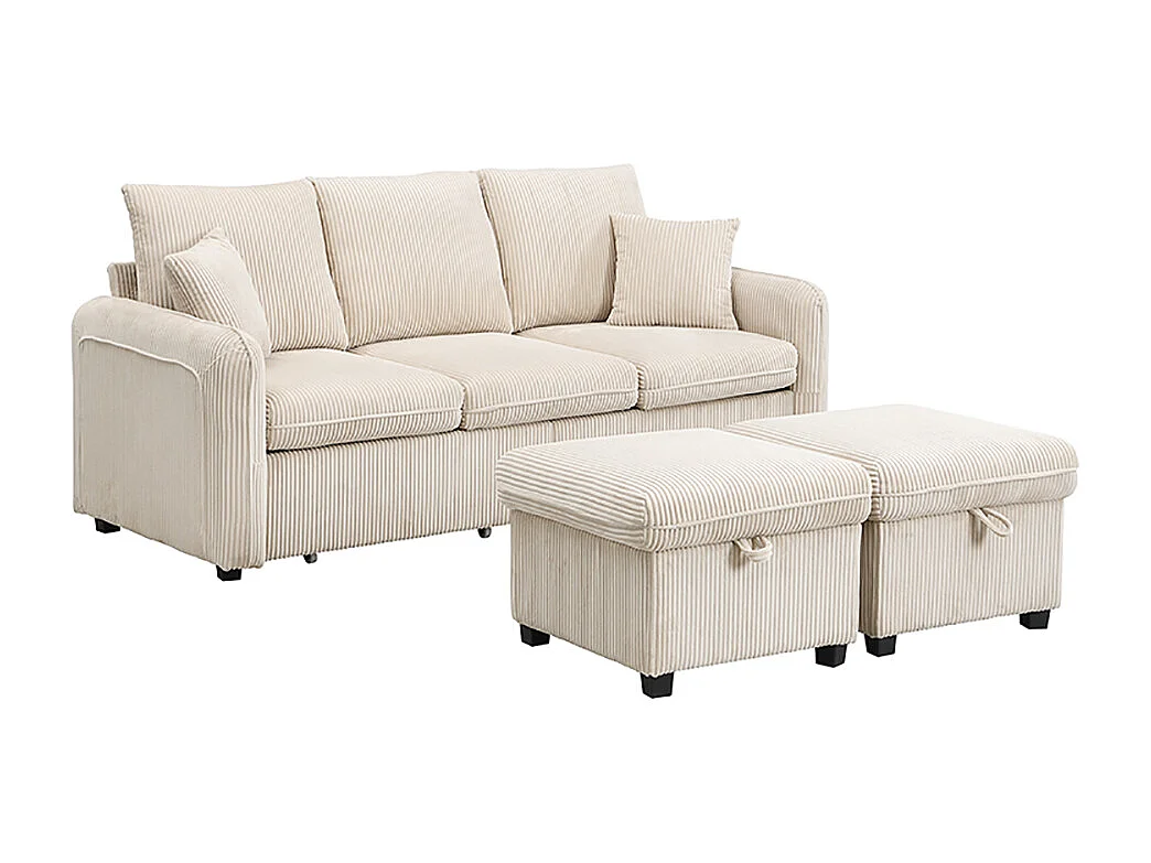 Modulaire hoekbank in U-vorm, 3 zitplaatsen, slaapfunctie, lades en opbergkist, bekleed met comfortabele, afneembare geribbelde stof, beige