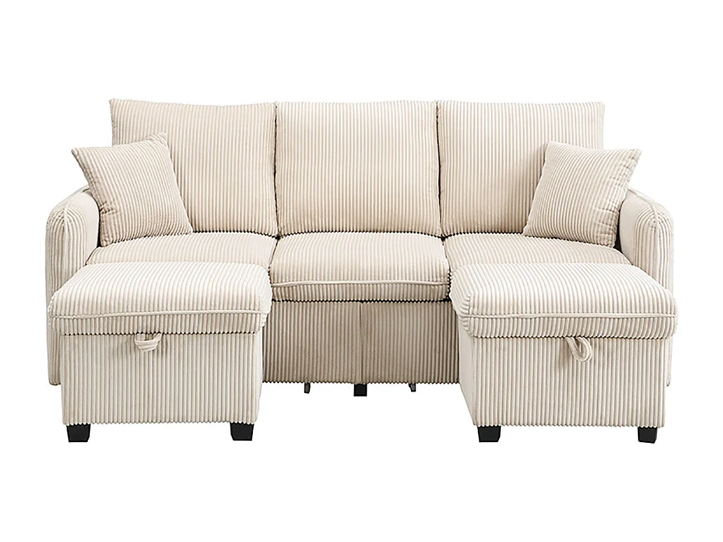 Modulaire hoekbank in U-vorm, 3 zitplaatsen, slaapfunctie, lades en opbergkist, bekleed met comfortabele, afneembare geribbelde stof, beige