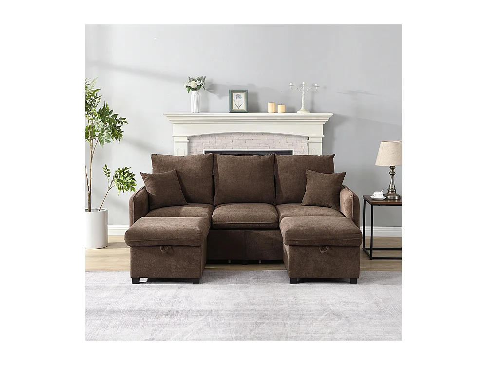 Canapé d'angle en U modulable 3 places fonction couchage tiroirs et tabouret rangement intégré tissu côtelé démontable confortable marron