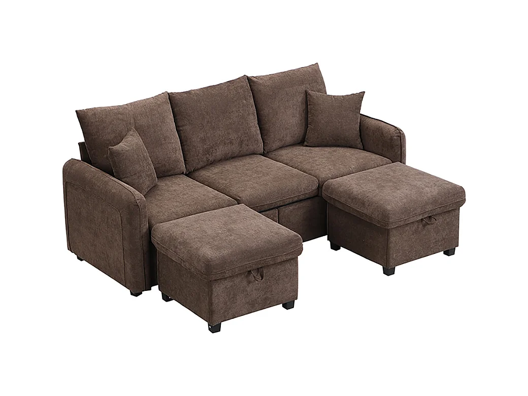 Canapé d'angle en U modulable 3 places fonction couchage tiroirs et tabouret rangement intégré tissu côtelé démontable confortable marron