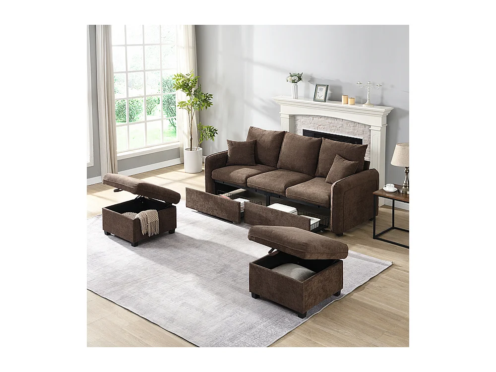 Canapé d'angle en U modulable 3 places fonction couchage tiroirs et tabouret rangement intégré tissu côtelé démontable confortable marron