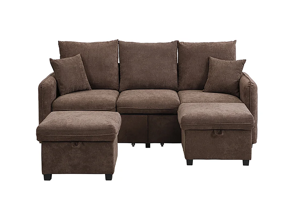 Canapé d'angle en U modulable 3 places fonction couchage tiroirs et tabouret rangement intégré tissu côtelé démontable confortable marron