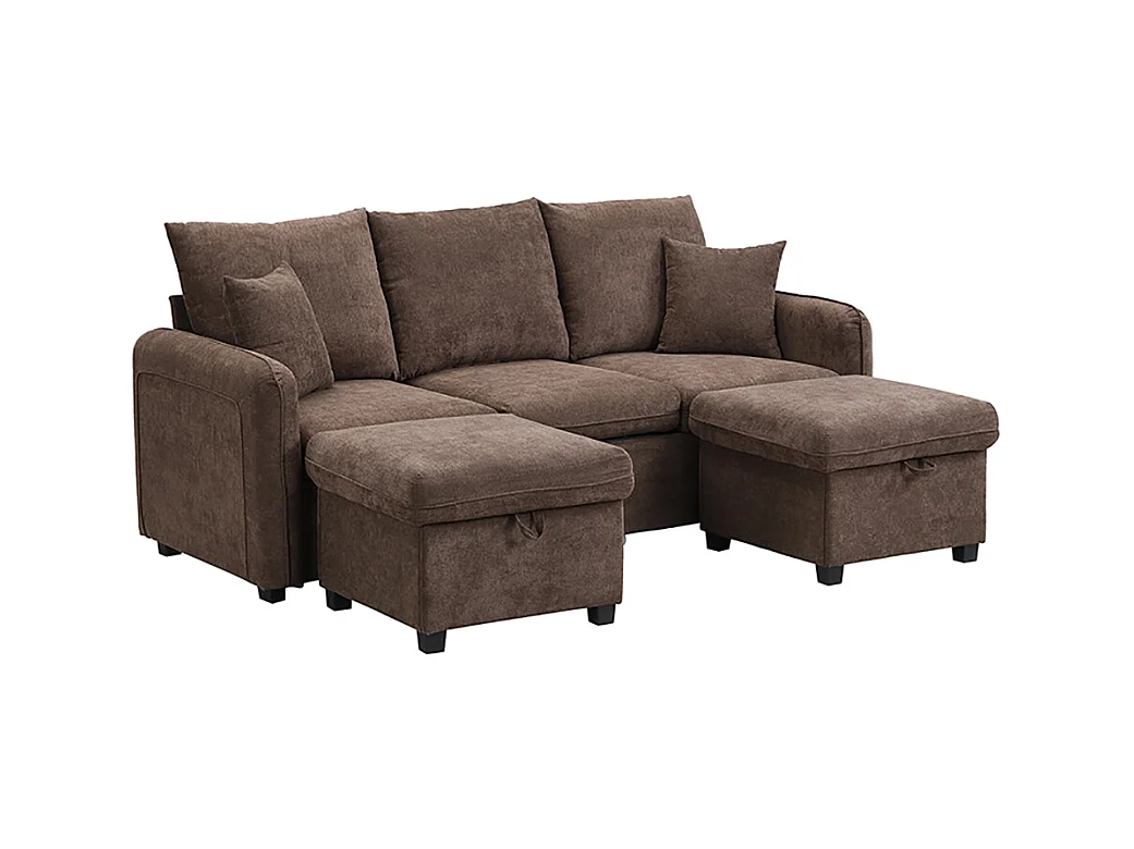 Canapé d'angle en U modulable 3 places fonction couchage tiroirs et tabouret rangement intégré tissu côtelé démontable confortable marron