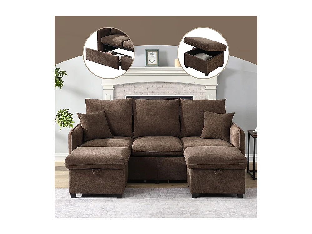 Canapé d'angle en U modulable 3 places fonction couchage tiroirs et tabouret rangement intégré tissu côtelé démontable confortable marron