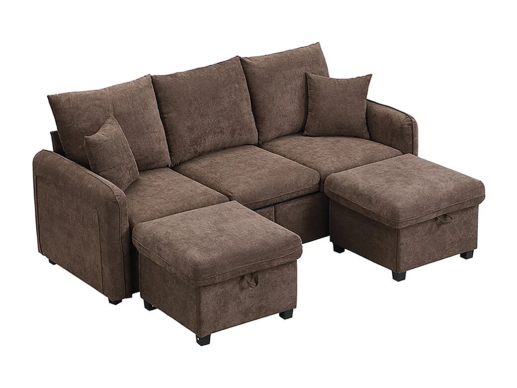 Canapé d'angle en U modulable 3 places fonction couchage tiroirs et tabouret rangement intégré tissu côtelé démontable confortable marron