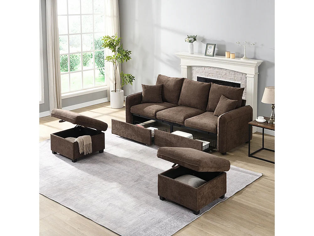 Canapé d'angle en U modulable 3 places fonction couchage tiroirs et tabouret rangement intégré tissu côtelé démontable confortable marron