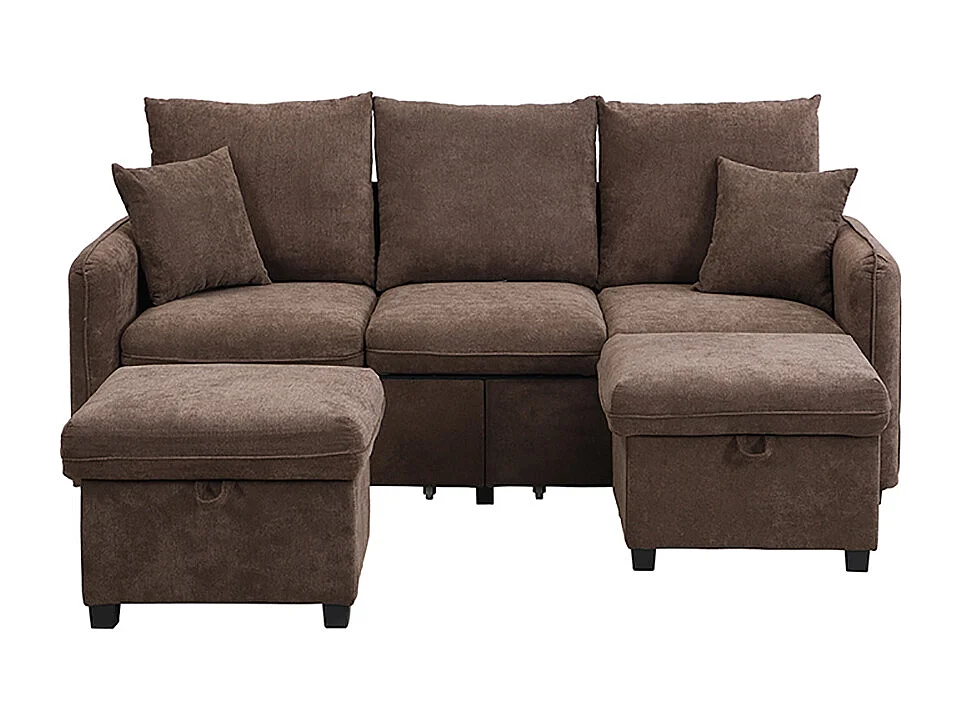 Canapé d'angle en U modulable 3 places fonction couchage tiroirs et tabouret rangement intégré tissu côtelé démontable confortable marron