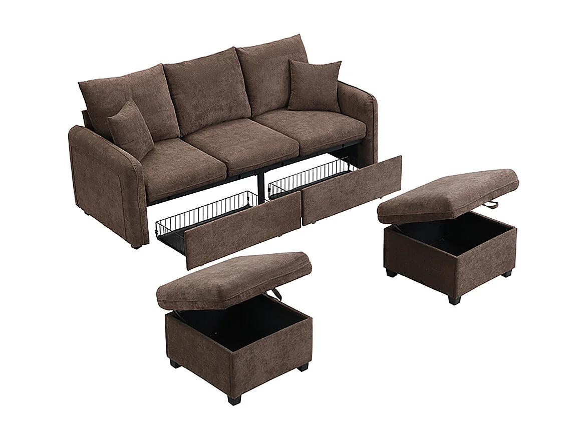 Canapé d'angle en U modulable 3 places fonction couchage tiroirs et tabouret rangement intégré tissu côtelé démontable confortable marron