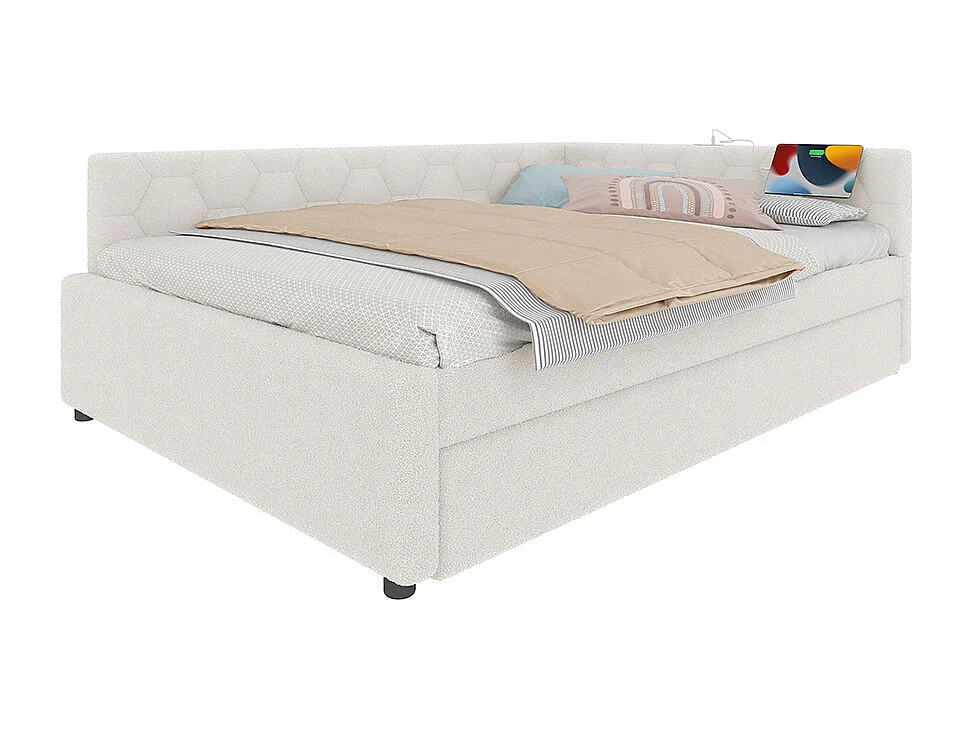 Uitschuifbed 140x200 met nachtlampje USB-poort type C bekleding imitatie fleece wit comfortabel multifunctioneel eenpersoonsbed