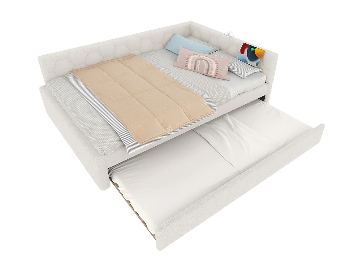 Uitschuifbed 140x200 met nachtlampje USB-poort type C bekleding imitatie fleece wit comfortabel multifunctioneel eenpersoonsbed