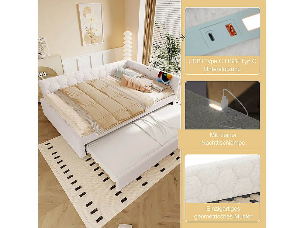 Uitschuifbed 140x200 met nachtlampje USB-poort type C bekleding imitatie fleece wit comfortabel multifunctioneel eenpersoonsbed