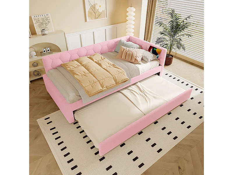 Lit gigogne 90x200 avec lampe de chevet port USB type C revêtement imitation polaire rose lit simple multifonctionnel confortable