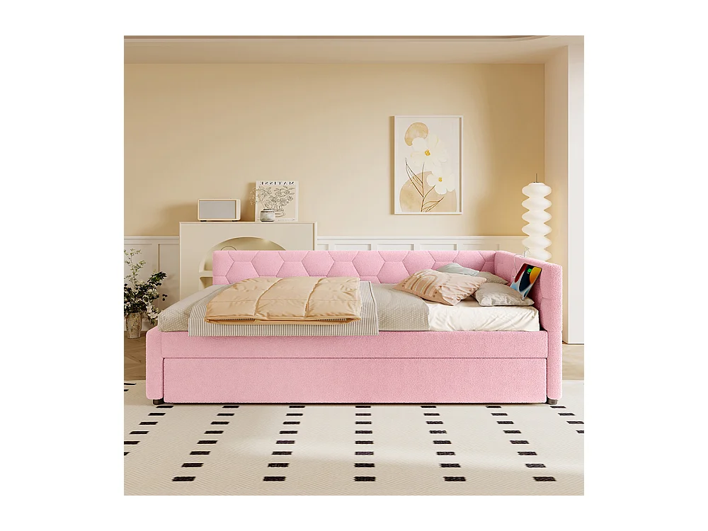 Uitschuifbed 90x200 met bedlampje USB-poort type C bekleding imitatie fleece roze multifunctioneel comfortabel eenpersoonsbed