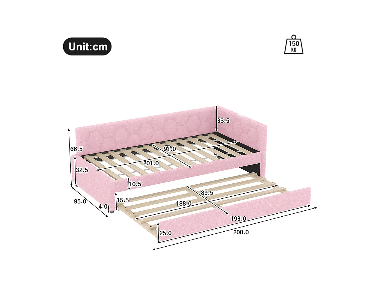 Uitschuifbed 90x200 met bedlampje USB-poort type C bekleding imitatie fleece roze multifunctioneel comfortabel eenpersoonsbed