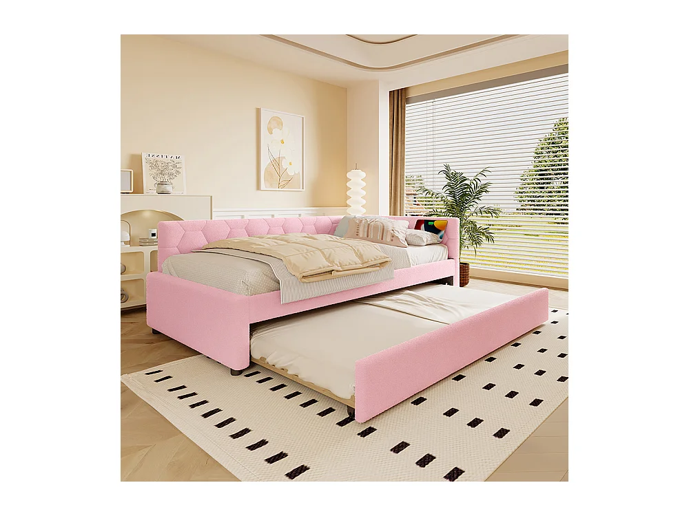 Uitschuifbed 90x200 met bedlampje USB-poort type C bekleding imitatie fleece roze multifunctioneel comfortabel eenpersoonsbed