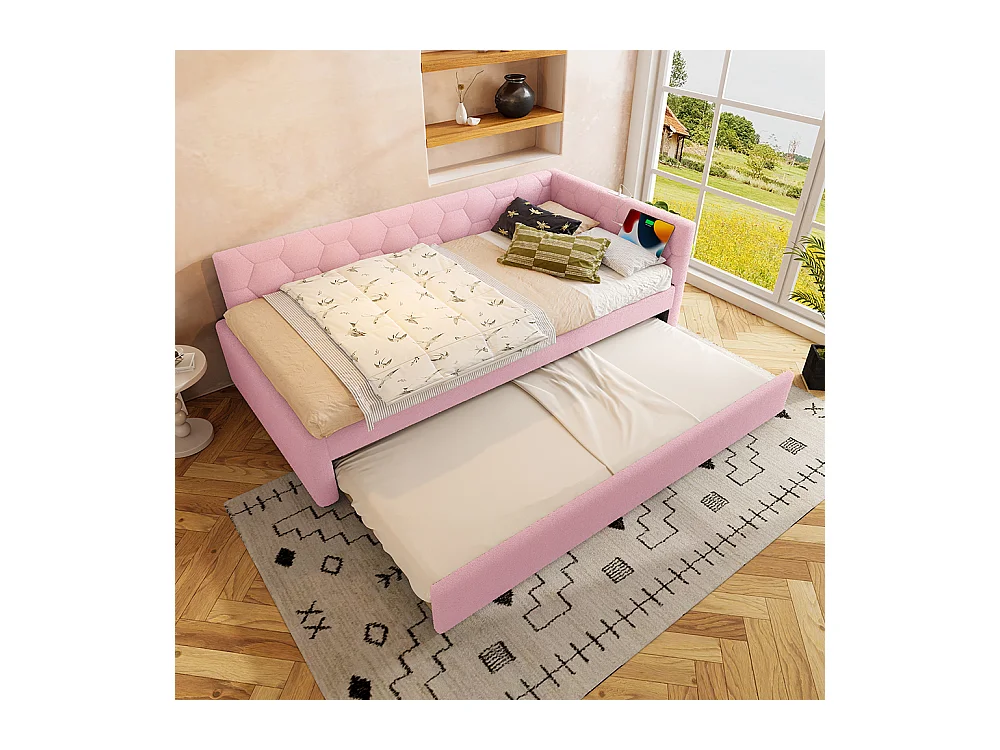 Uitschuifbed 90x200 met bedlampje USB-poort type C bekleding imitatie fleece roze multifunctioneel comfortabel eenpersoonsbed
