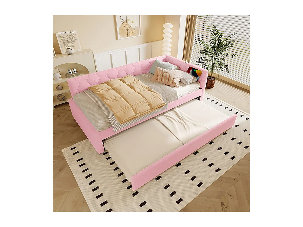 Lit gigogne 90x200 avec lampe de chevet port USB type C revêtement imitation polaire rose lit simple multifonctionnel confortable