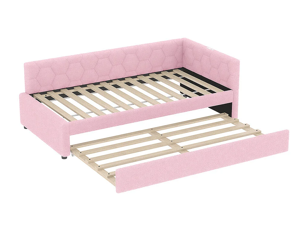 Uitschuifbed 90x200 met bedlampje USB-poort type C bekleding imitatie fleece roze multifunctioneel comfortabel eenpersoonsbed