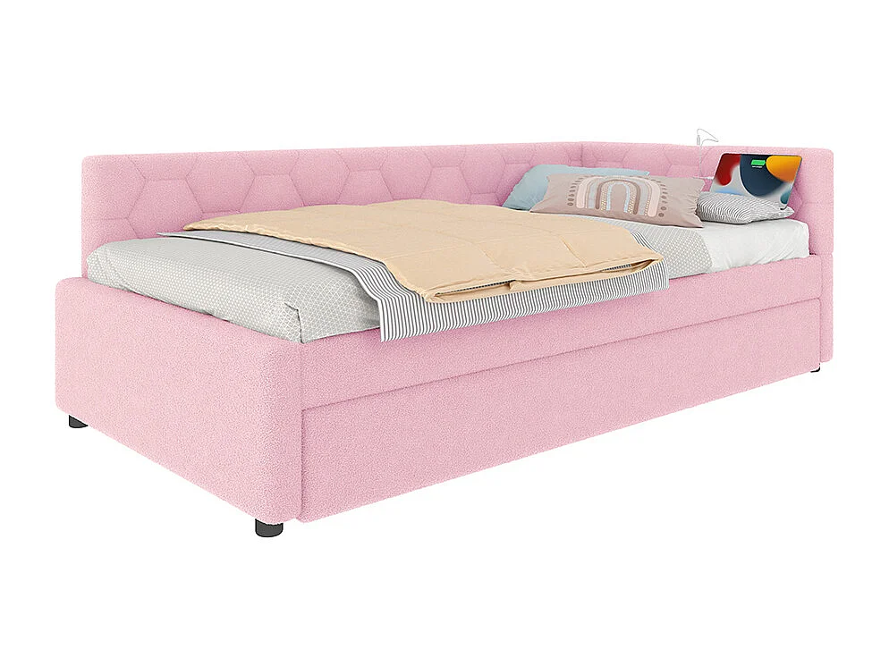 Uitschuifbed 90x200 met bedlampje USB-poort type C bekleding imitatie fleece roze multifunctioneel comfortabel eenpersoonsbed