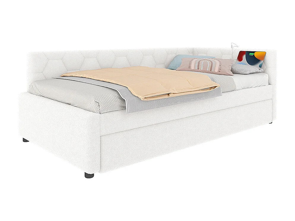 Uitschuifbed 90x200 met bedlampje USB-poort type C bekleding imitatie fleece wit multifunctioneel comfortabel eenpersoonsbed