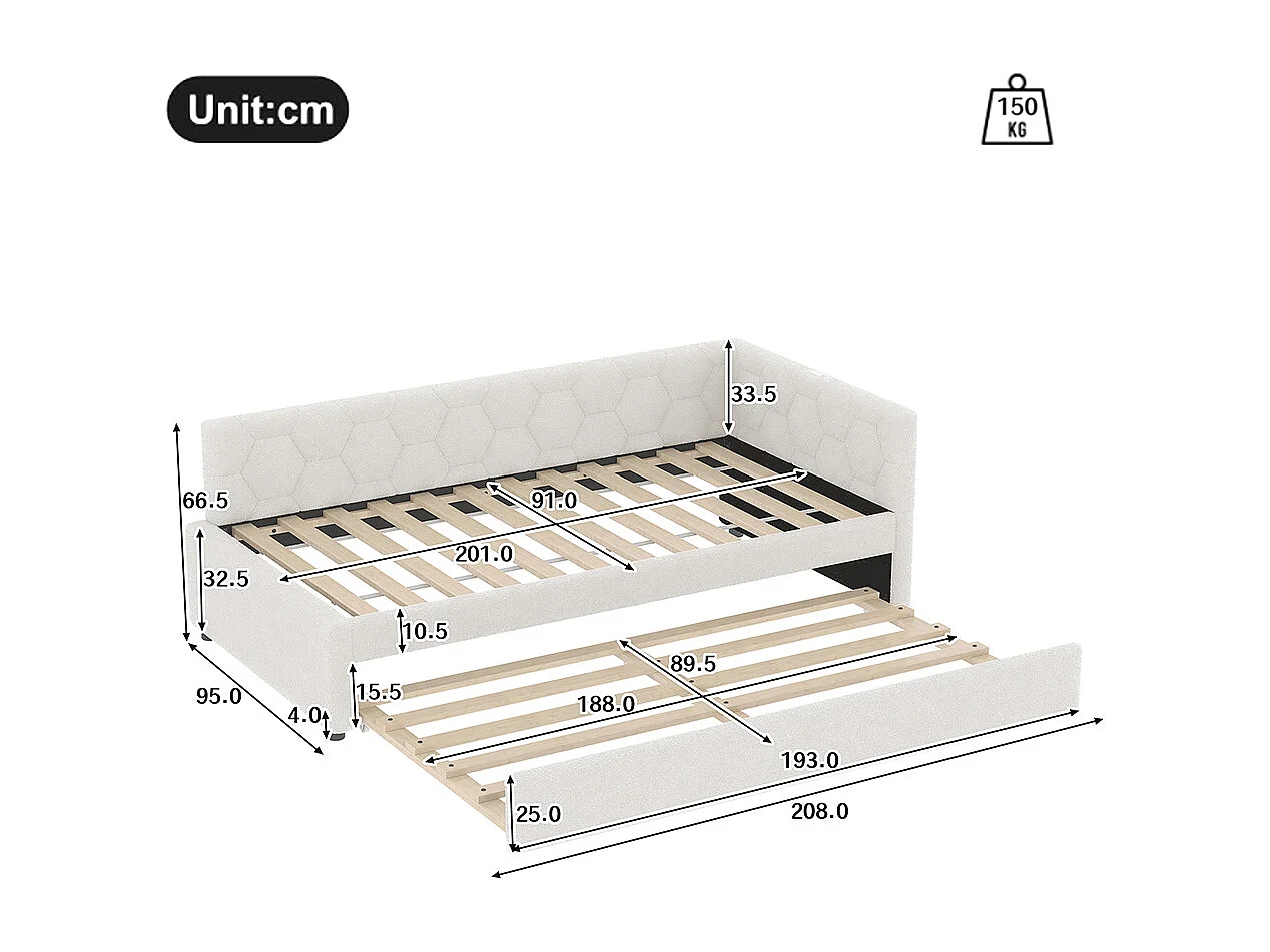 Uitschuifbed 90x200 met bedlampje USB-poort type C bekleding imitatie fleece wit multifunctioneel comfortabel eenpersoonsbed