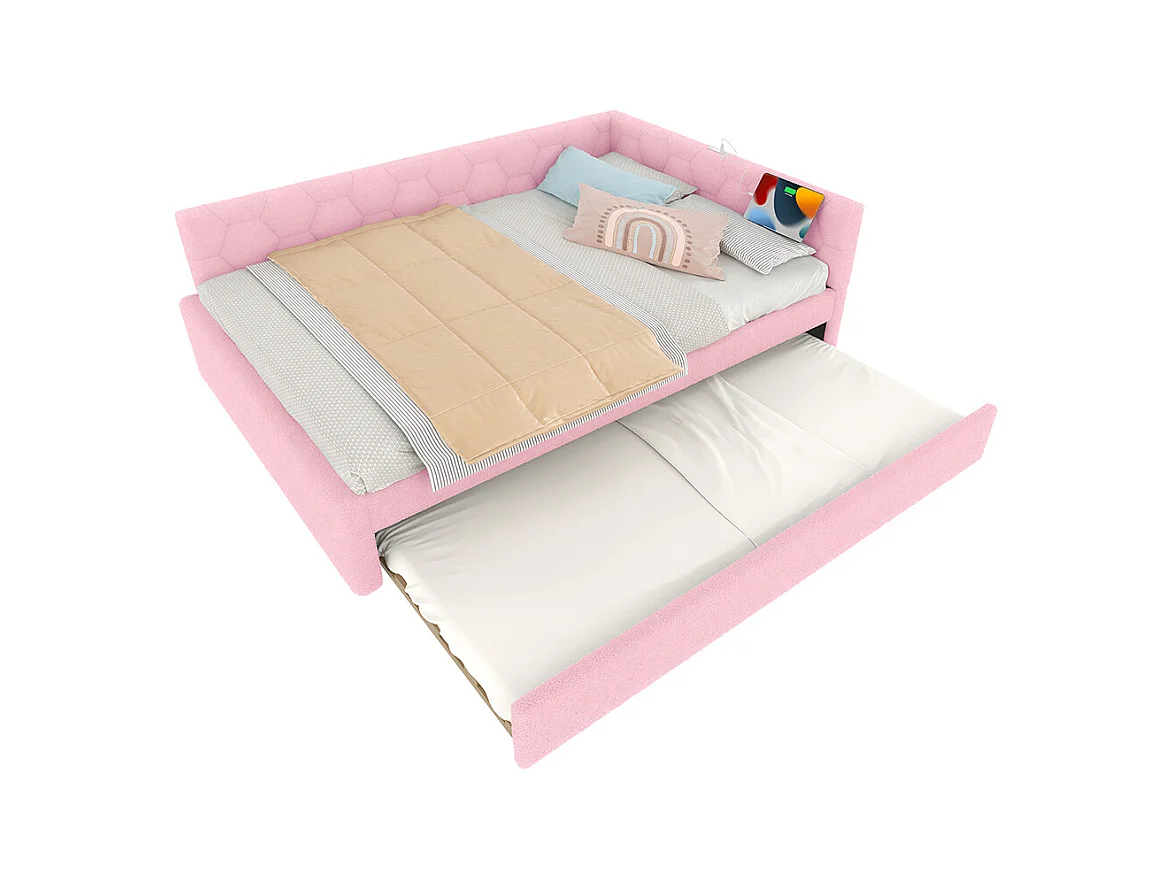 Lit gigogne 140x200 avec lampe de chevet port USB type C revêtement imitation polaire rose lit simple multifonctionnel confortable